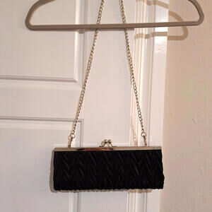 Black Pleated Clutch Bag Silver Chain Evening Formal Whimsigoth Coquette Wedding